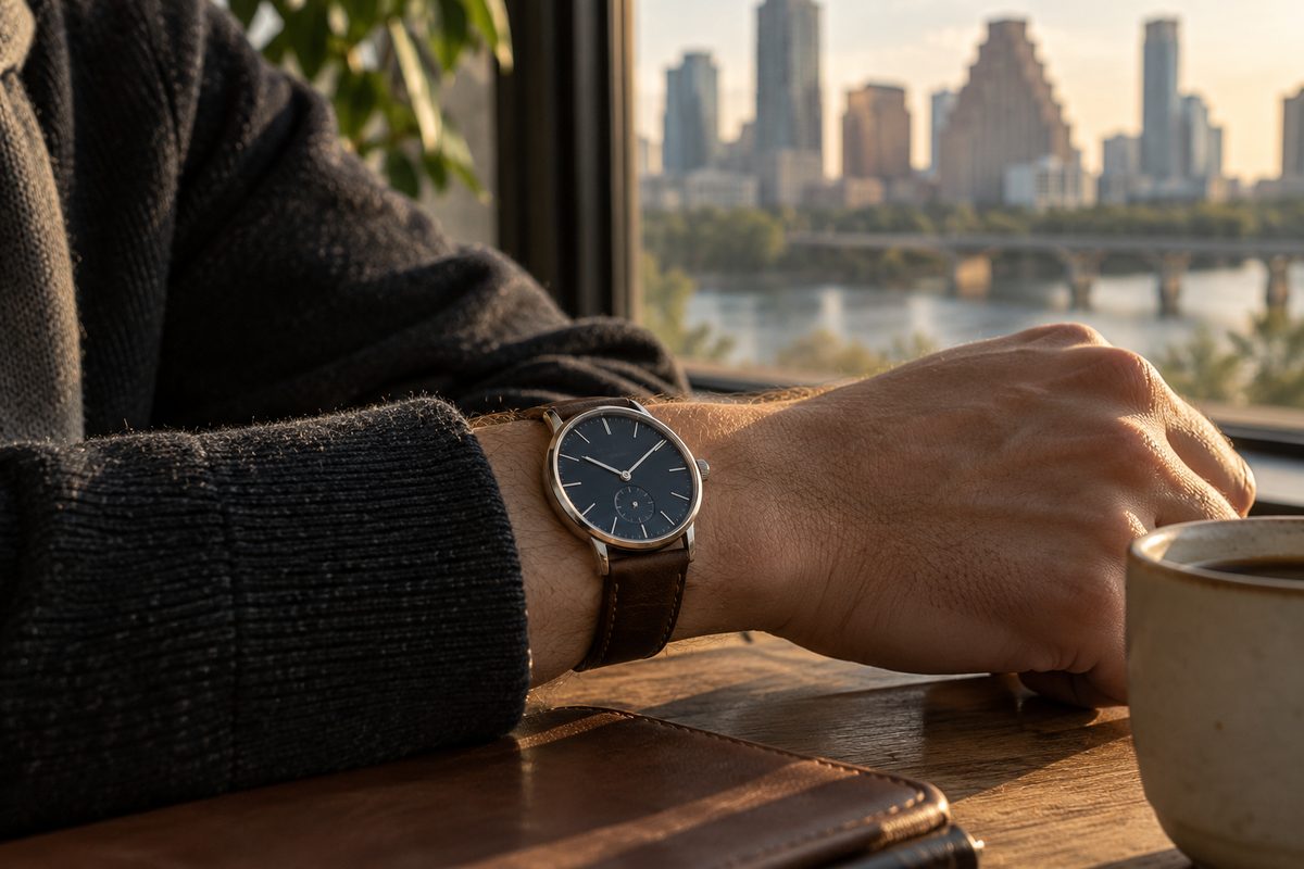 Nocturne 39 watch worn with a dark wool sleeve